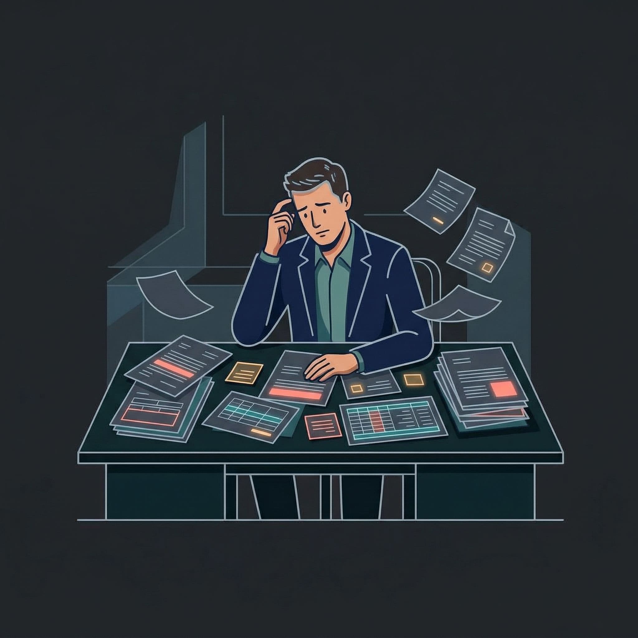 Business owner overwhelmed by paperwork at a desk