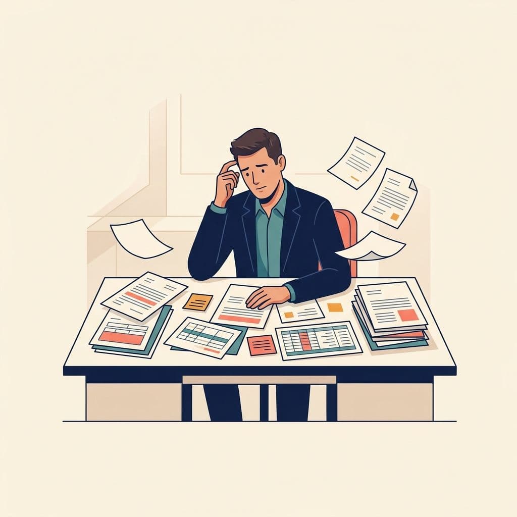 Business owner overwhelmed by paperwork at a desk